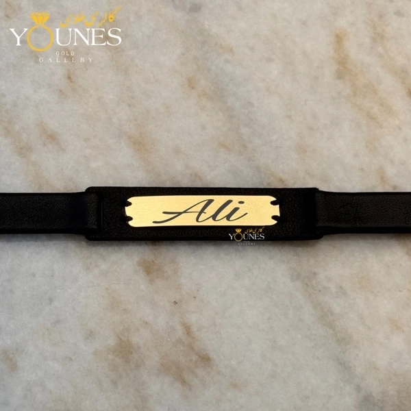 دستبند چرم مردانه طلا حکاکی اسم Ali علی